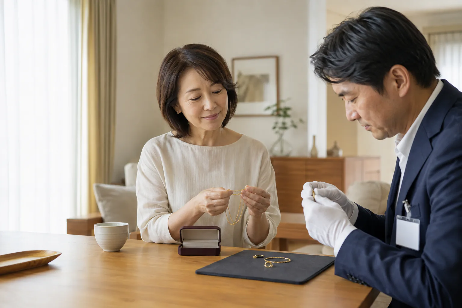 ご自宅でジュエリーを一点ずつ丁寧に査定する様子